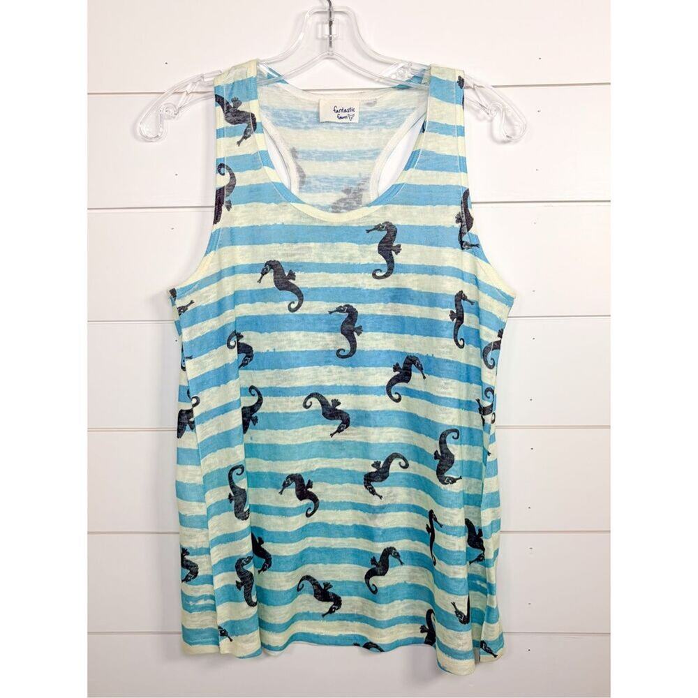 Fantastic Fawn Women's Striped Seahorse Racerback Tank Top Blue Cream Size Small